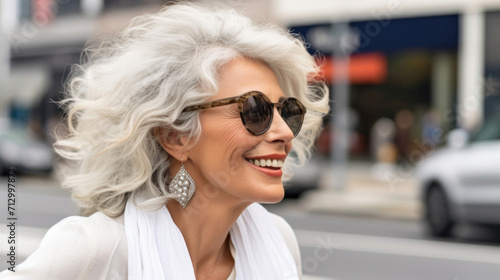 Elegant older woman with white hair and sunglasses smiling on a city street.