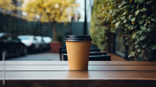 A disposable coffee cup on a wooden table at an outdoor caf    with urban greenery in the background.
