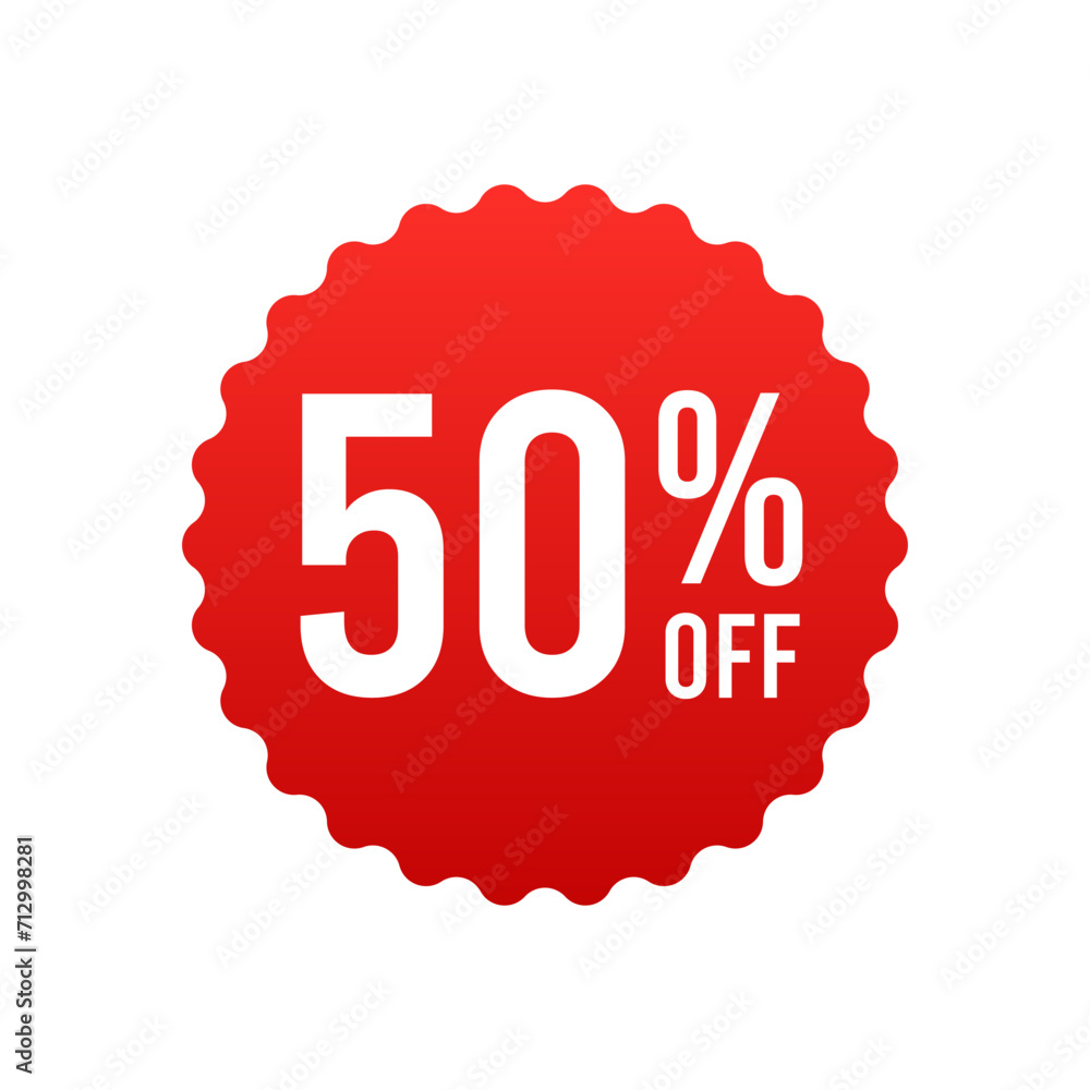 Discount 50 percent off banner, red label isolated on white background. Tags, badge, ribbon for promotion. Vector illustration Discount 50 percent off banner, red label isolated on white background. Tags, badge, ribbon for promotion. Vector illustration