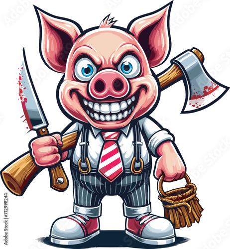 cartoon character pig holding knife and axe