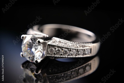 Close-up diamond ring of white gold, symbolizing love for engagement, wedding, anniversary, or Valentine's Day. Luxurious gem. Special gift. Generative AI