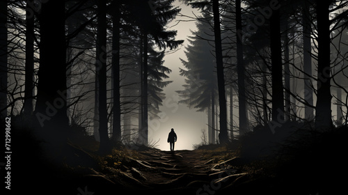 Silhouette of a person walking in the woods