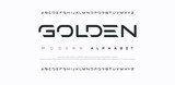 Golden Creative modern alphabet. Dropped stunning font, type for futuristic logo, headline, creative lettering and maxi typography. Minimal style letters with yellow spot. Vector typographic design 