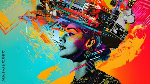 vibrant modern art poster collage of a woman with technology items and elements on her head. A concept of digital load overwhelming