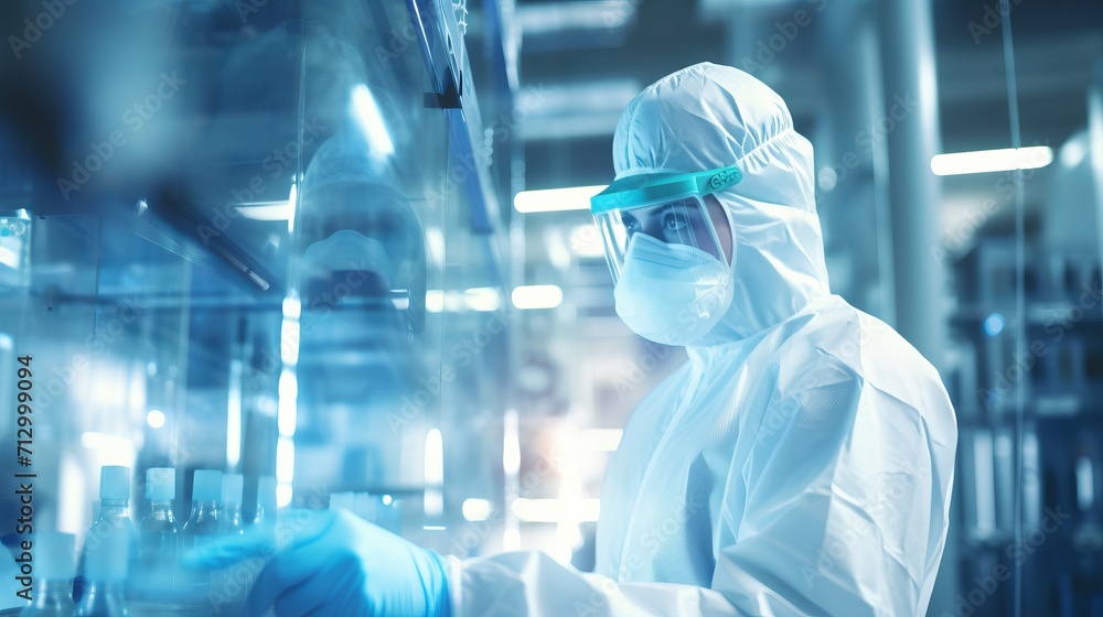 Innovative research: close-up of scientist in protective mask working in laboratory for medicine and vaccine development Innovative research: close-up of scientist in protective mask working in laboratory for medicine and vaccine development