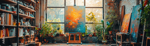 Panorama of the interior of an artist's studio with pictures on the wall. photo