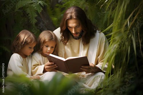 Jesus Christ and children reading book in the garden