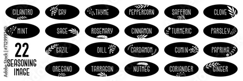 Set of 22 spice labels. Names of seasonings for cooking. Recipe ingredients. Vector illustration isolated on transparent background.