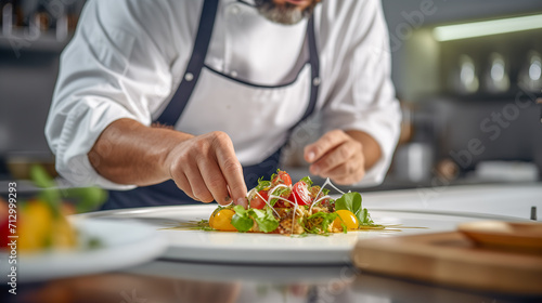 Close-up of chef preparing an elegant plate of food.  Image artificial intelligence photo