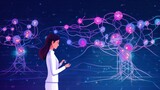 Neural network exploration: female scientist examining artificial neurons in lab coat (vector illustration)