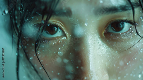 Close-up of eyes and face and a strong fearless asian athlete woman under pouring rain