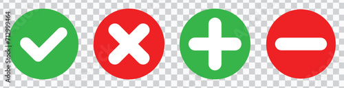 Set of flat round check mark, X mark, plus sign and minus sign icons, buttons isolated on a white background. EPS10 vector file