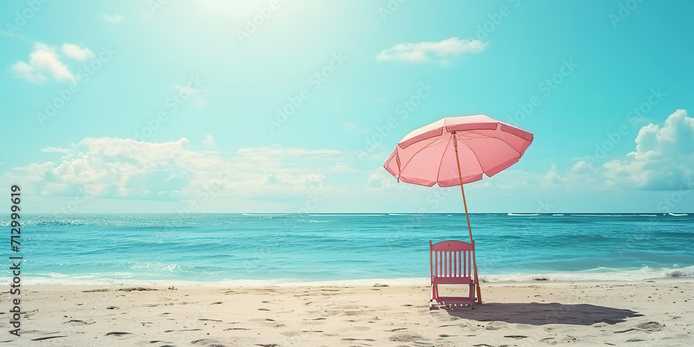 Little pink parasol and chair on the beach summer - obrazy, fototapety, plakaty 