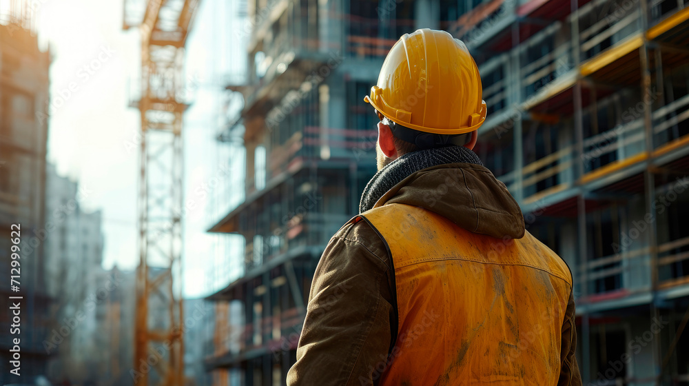 Back view at construction worker wearing hardhat while standing at high rise building. Back view at construction worker wearing hardhat while standing at high rise building.