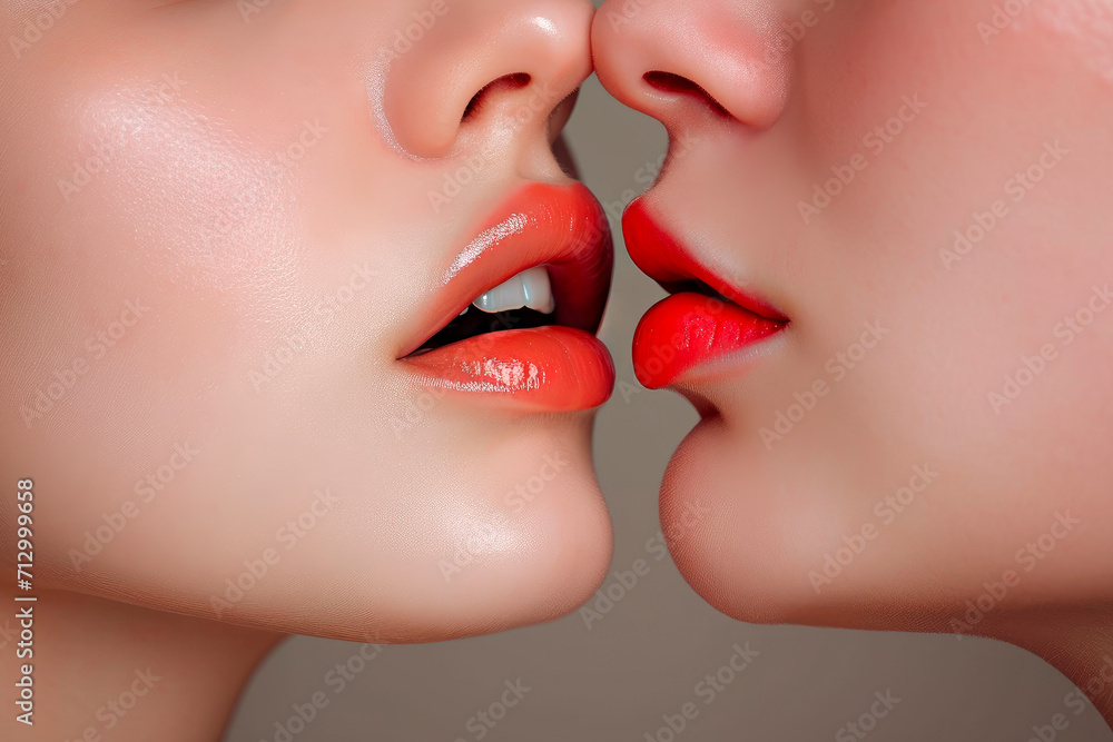 Obraz premium Sensual kiss. Closeup of pair girl mouths kissing.