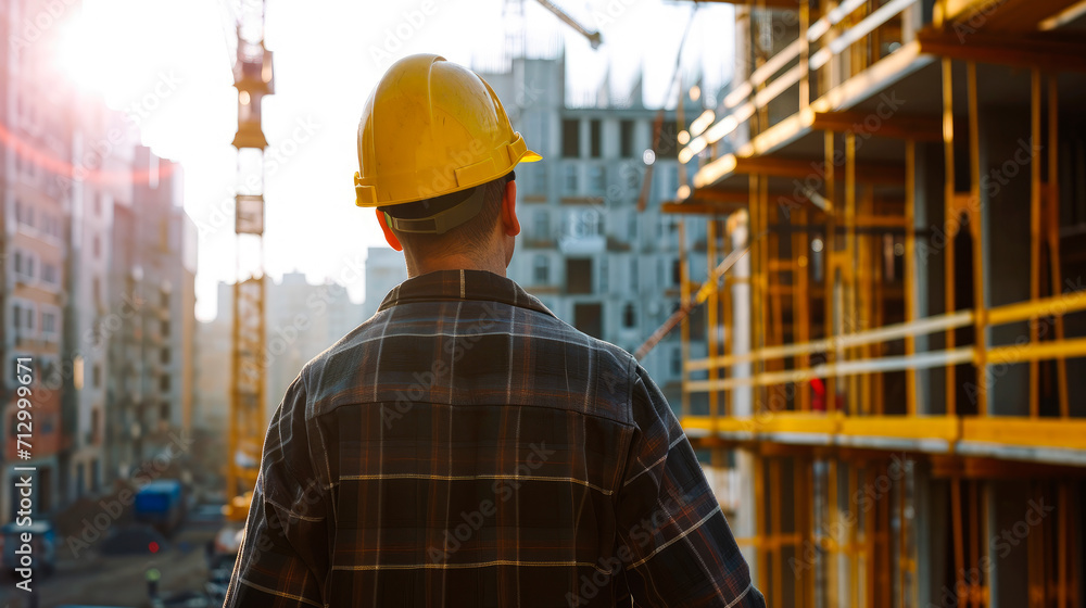Back view of builder man looking at construction site. Back view of builder man looking at construction site.
