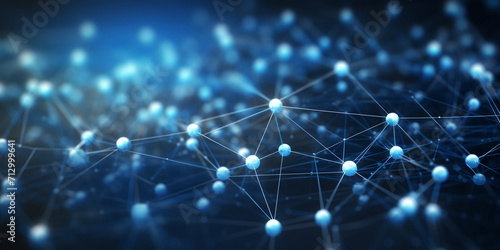 A blue background with a pattern of dots and lines, Futuristic visualization of interconnected digital nodes, network connections with plexus design blue background. 