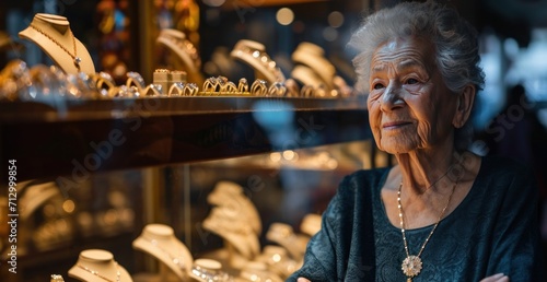 senior jewelry shop owner stands in front of ring display