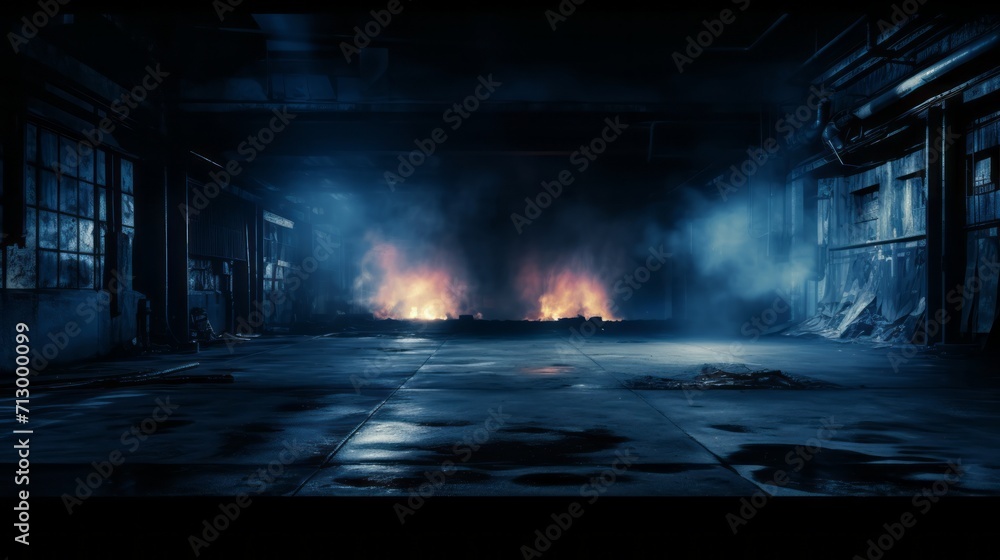 Urban noir: mysterious dark street with neon lights, empty scene, and smoke in studio setting - night view