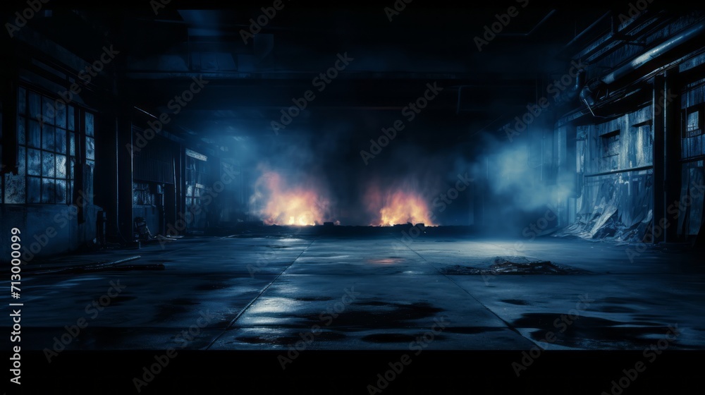 Urban noir: mysterious dark street with neon lights, empty scene, and smoke in studio setting - night view Urban noir: mysterious dark street with neon lights, empty scene, and smoke in studio setting - night view