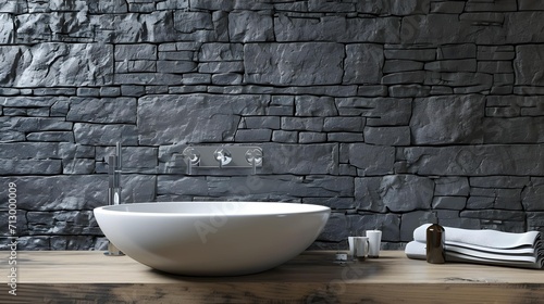 3d illustration  Interior Scene and Mockup Modern style bathroom decorated with stone walls sink standing on wood countertop.