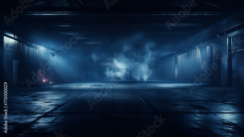 Urban noir  mysterious dark street with neon lights  empty scene  and smoke in studio setting - night view