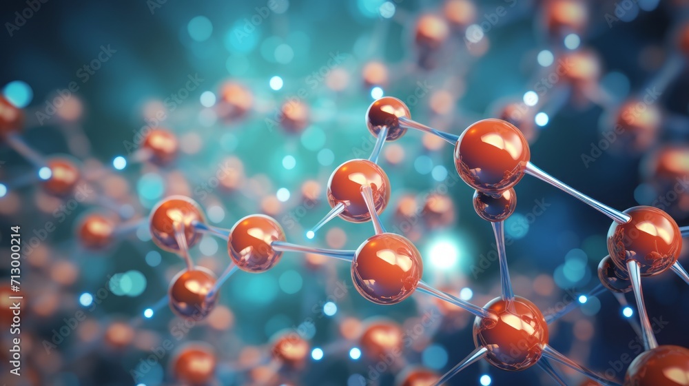 Vibrant 3d illustration of molecular and atom models - scientific background concept Vibrant 3d illustration of molecular and atom models - scientific background concept