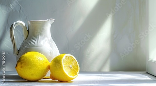 two lemons and a pitcher on a white table