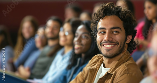 man sits while smiling with people in the front row