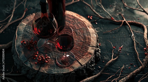 wine bottle and glass on an old and scratched wooden plate