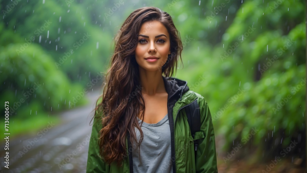 Young woman standing in the rain with a beautiful green forest background. generative AI Young woman standing in the rain with a beautiful green forest background. generative AI