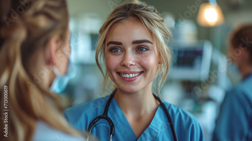Beautiful nurse smiling at patient photo