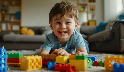 young boy playing with blocks at his living room in the living room