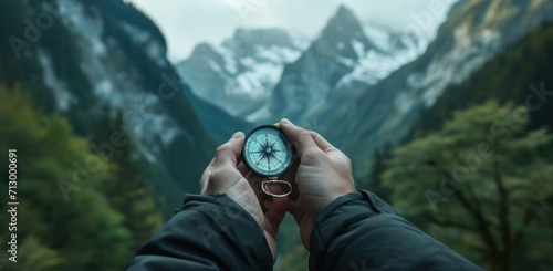person holding compass with forest and mountains in the background #713000691