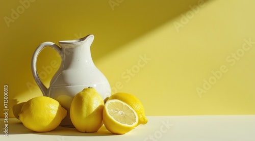 lemons and pitcher against a yellow background