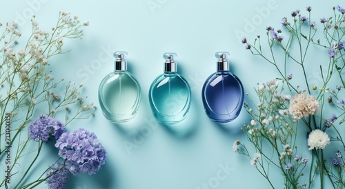 three perfume bottles with flowers on blue background