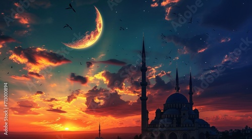 islamic moon in sunset with beautiful clouds with a mosque under it © olegganko