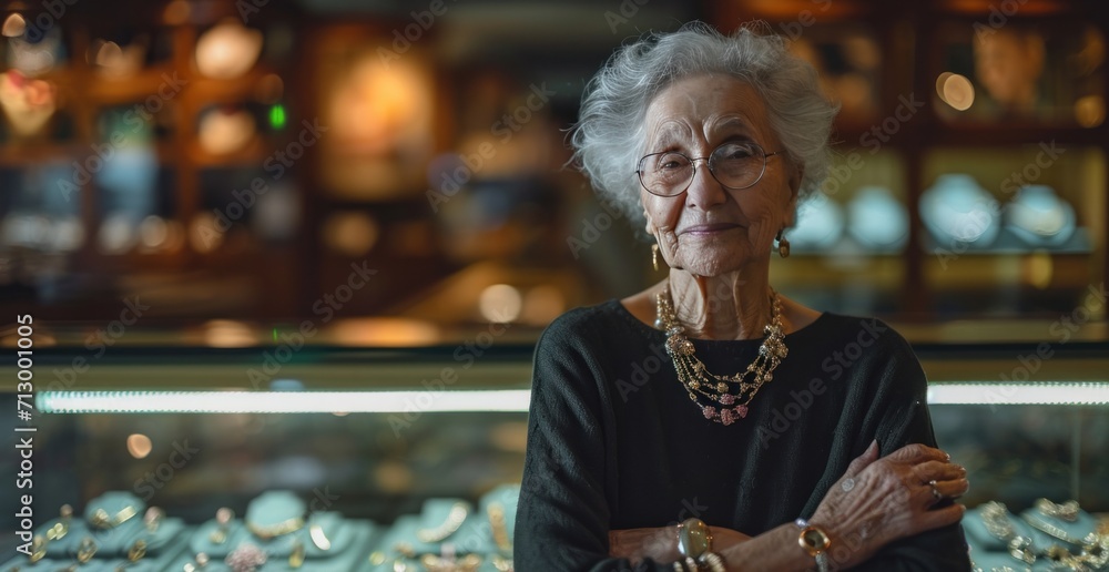 senior jewelry shop owner stands in front of ring display