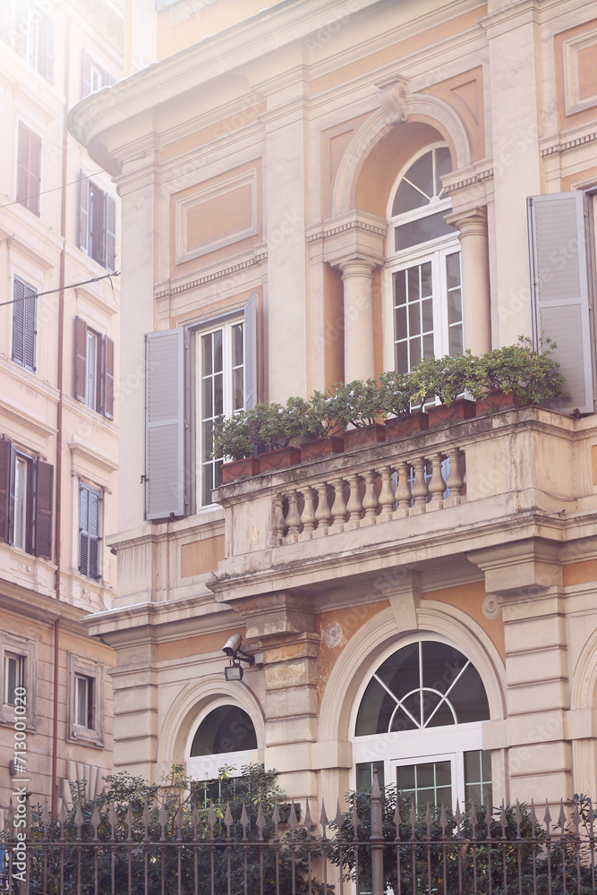 Rome, Italy. Gorgeous Architecture Building with Balcony and Window in Center of Rome.