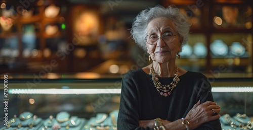 senior jewelry shop owner stands in front of ring display