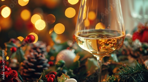 white wine glass on an ornamental table with Christmas themed flowers