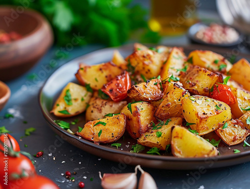 Plate with roasted potatoes with tomato and garlic on table in modern kitchen