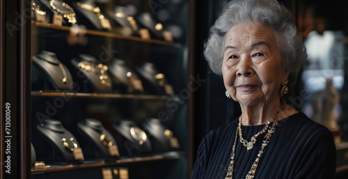 senior jewelry shop owner stands in front of ring display