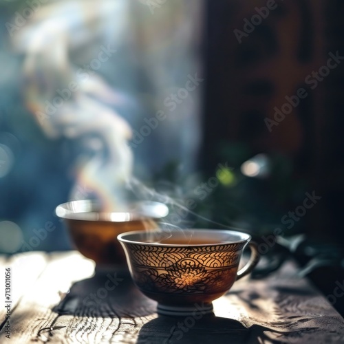 smoke tea and cold tea bowl together tea