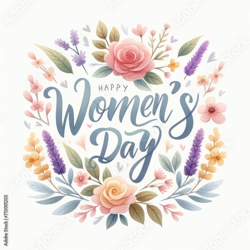 Happy Women's Day lettering and floral on white background. 