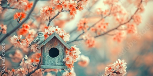 spring birdhouse with spring cherry blossom background © olegganko