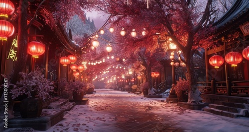 oriental street in winter with red lanterns on the street
