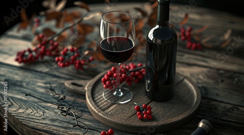 wine bottle and glass on an old and scratched wooden plate