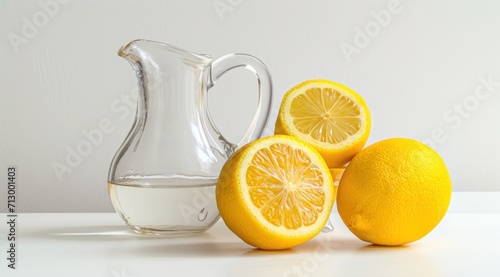 two lemons and a pitcher on a white table