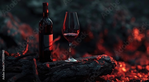 wine bottle and glass on an old and scratched wooden plate